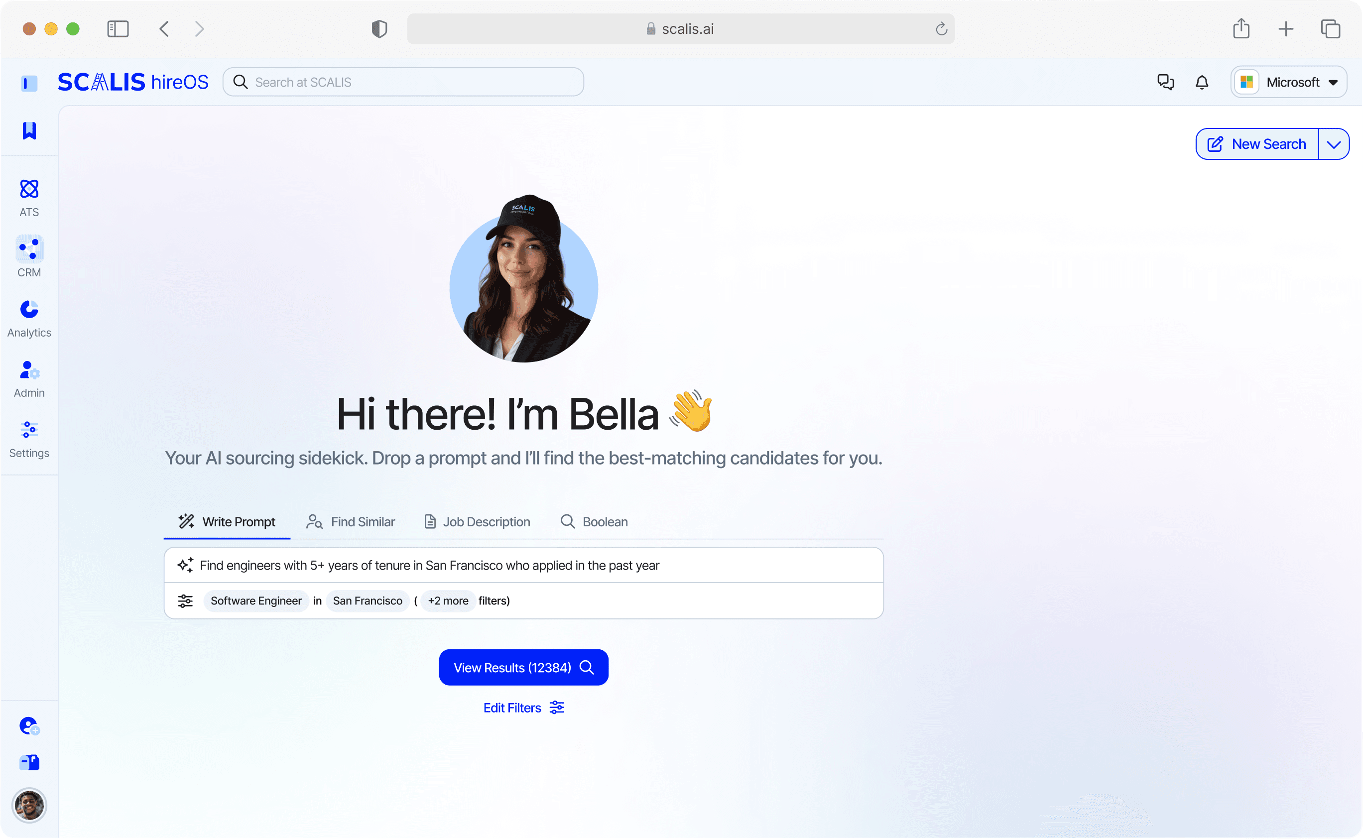 SCALIS hireOS dashboard with Bella AI sourcing